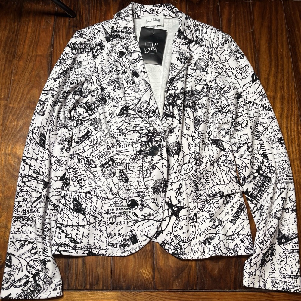 Joseph Ribkoff Blazer 6 White Black City Print Paris Script Two Button 222008